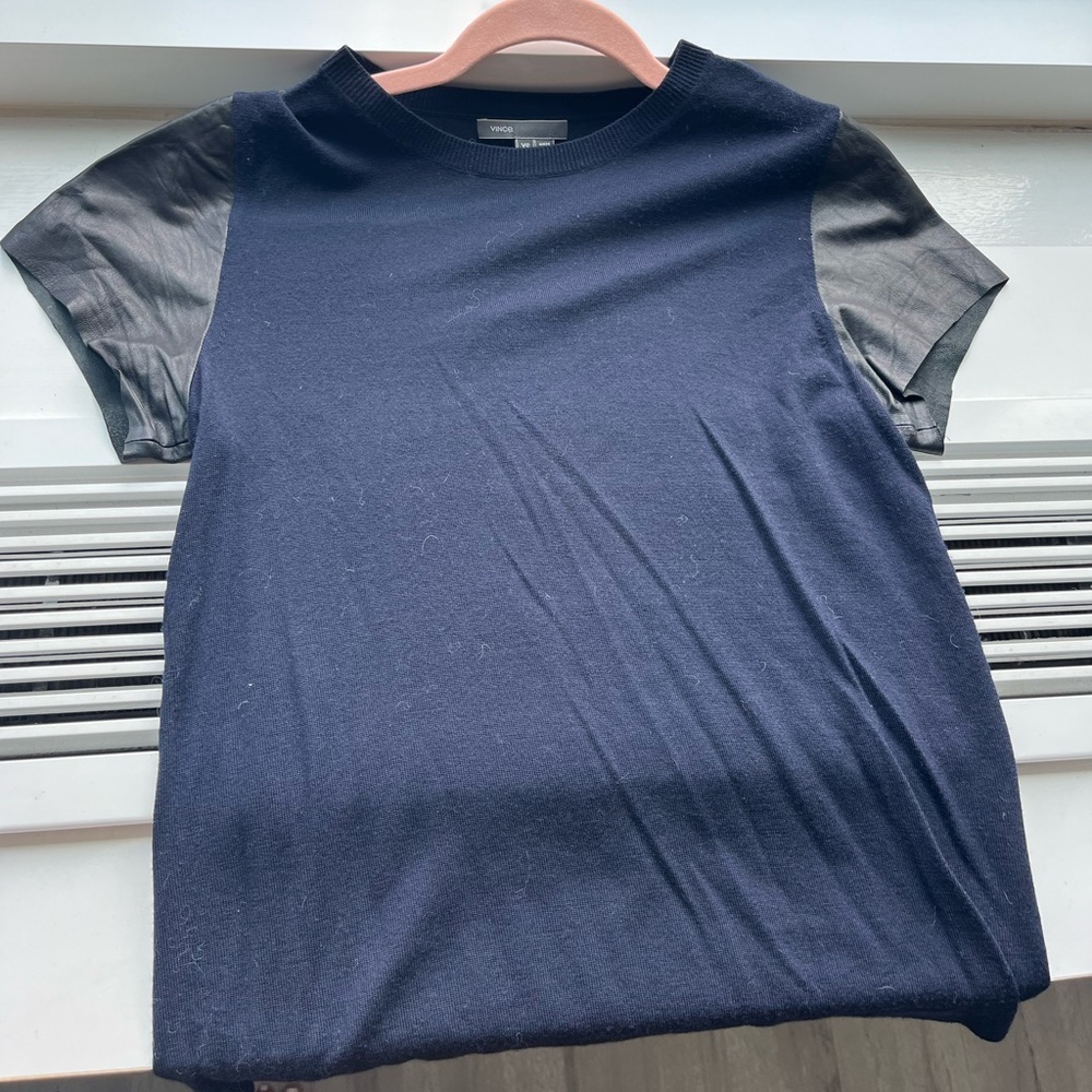 Vince - leather sleeve detail - navy and black